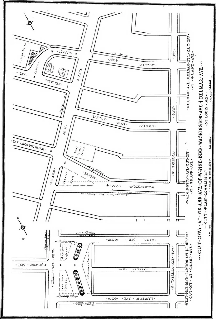 An illustration from Problems of St. Louis, being a description, from the city planning standpoint, of past and present tendencies of growth, with general suggestions for impending issues and necessary future improvements. The City Plan Commission, St. Louis, Mo., Harland Bartholomew, engineer, 1917, leaf 61
