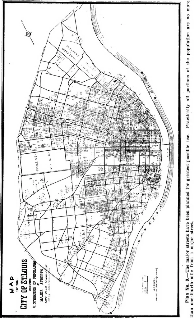 An illustration from Problems of St. Louis, being a description, from the city planning standpoint, of past and present tendencies of growth, with general suggestions for impending issues and necessary future improvements. The City Plan Commission, St. Louis, Mo., Harland Bartholomew, engineer, 1917, leaf 63