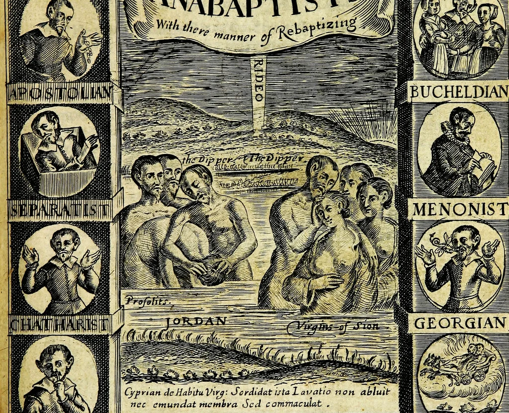 An illustration from The dippers dipt, or, The Anabaptists duck'd and plung'd over head and ears, at a disputation in Southwark : also a large and full discourse of their 1. originall, 2. severall sorts, 3. peculiar errours, 4. high attempts against the state, 5. capitall punishments, 1647, leaf 42