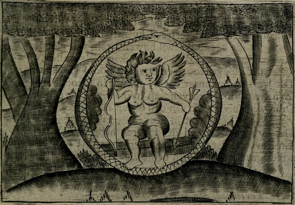An illustration from Cupidoos mengelwerken, of, Minnespiegel der deugden : bestaande uit stightelyke zinnebeelden, 1728, leaf 110