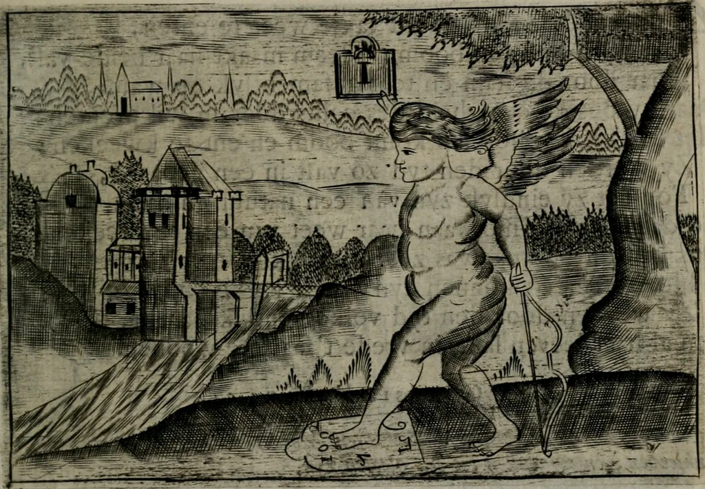 An illustration from Cupidoos mengelwerken, of, Minnespiegel der deugden : bestaande uit stightelyke zinnebeelden, 1728, leaf 112