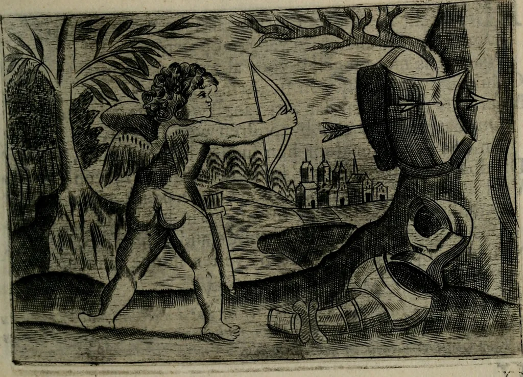 An illustration from Cupidoos mengelwerken, of, Minnespiegel der deugden : bestaande uit stightelyke zinnebeelden, 1728, leaf 132