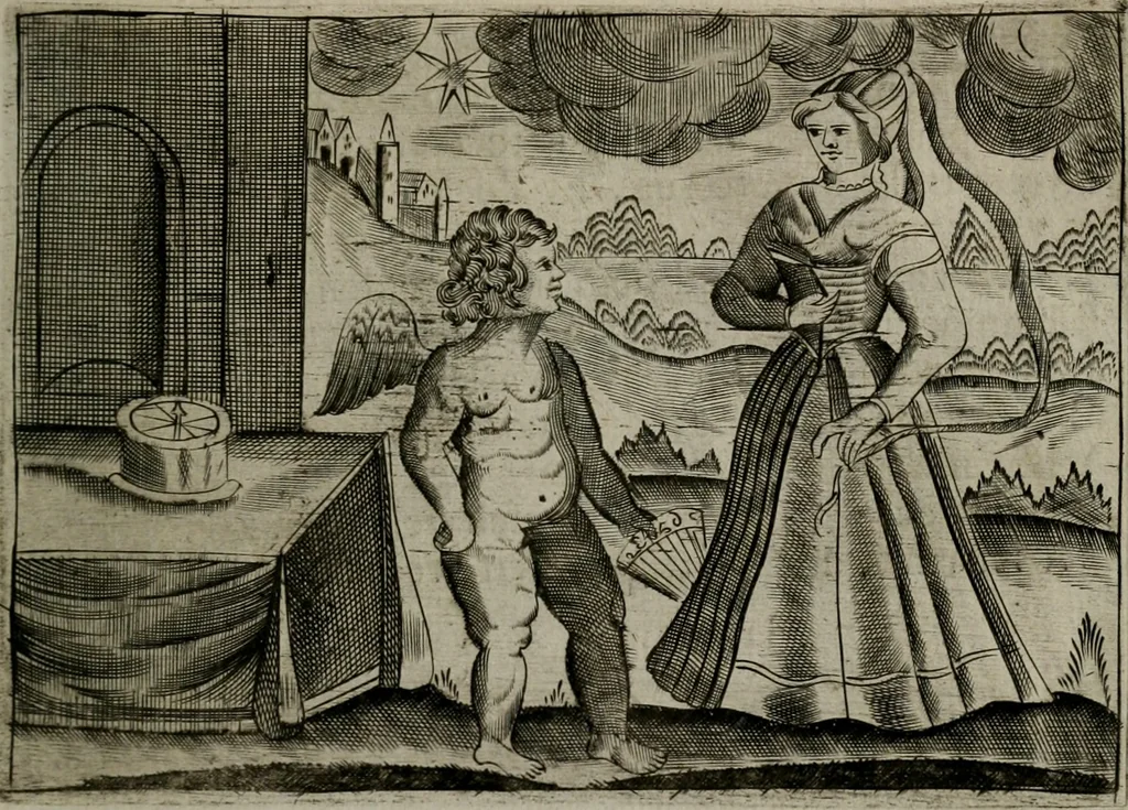 An illustration from Cupidoos mengelwerken, of, Minnespiegel der deugden : bestaande uit stightelyke zinnebeelden, 1728, leaf 148
