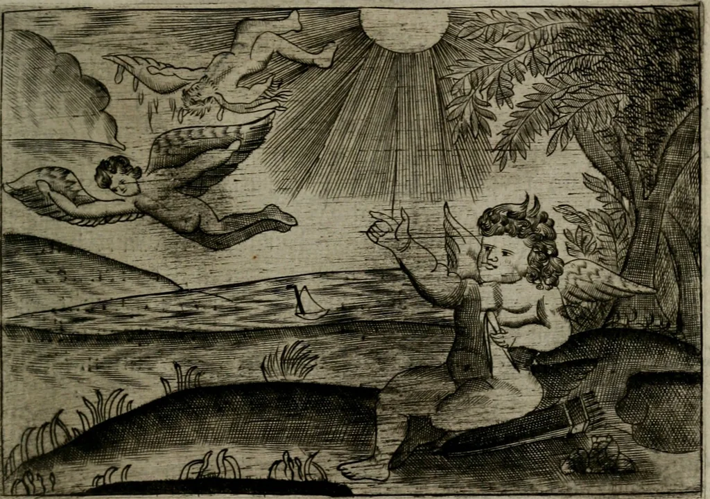 An illustration from Cupidoos mengelwerken, of, Minnespiegel der deugden : bestaande uit stightelyke zinnebeelden, 1728, leaf 152