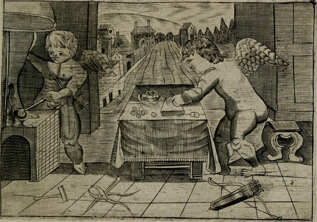 An illustration from Cupidoos mengelwerken, of, Minnespiegel der deugden : bestaande uit stightelyke zinnebeelden, 1728, leaf 154