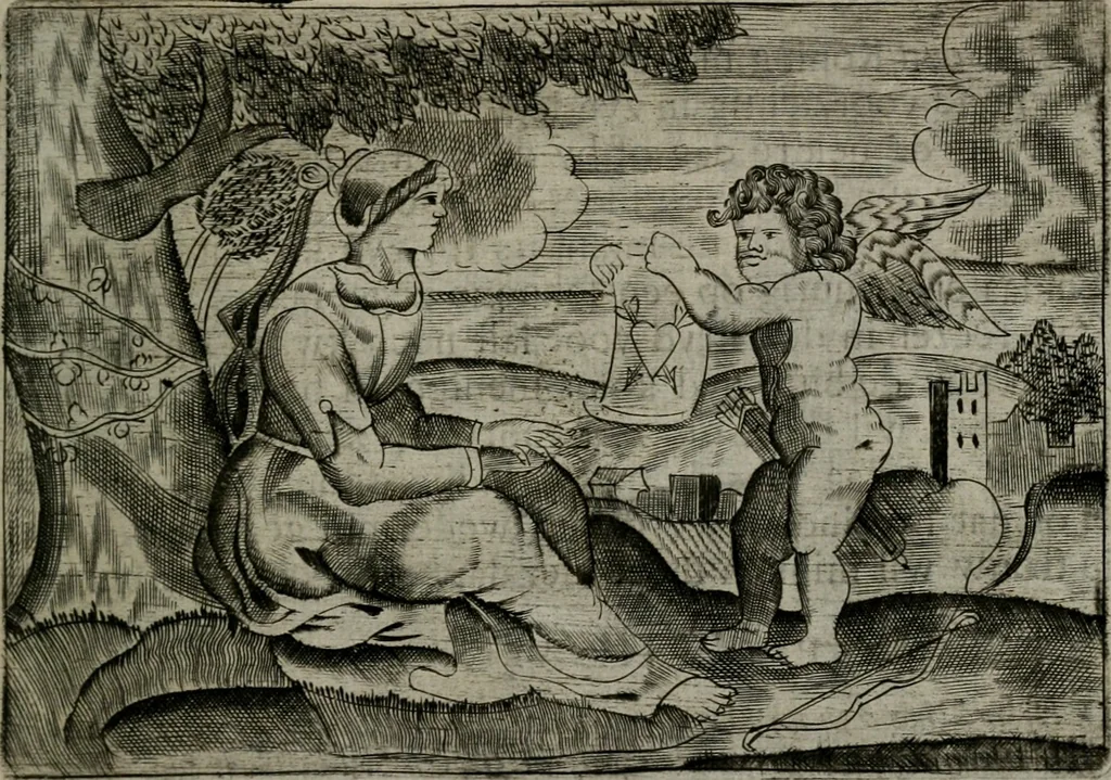 An illustration from Cupidoos mengelwerken, of, Minnespiegel der deugden : bestaande uit stightelyke zinnebeelden, 1728, leaf 156