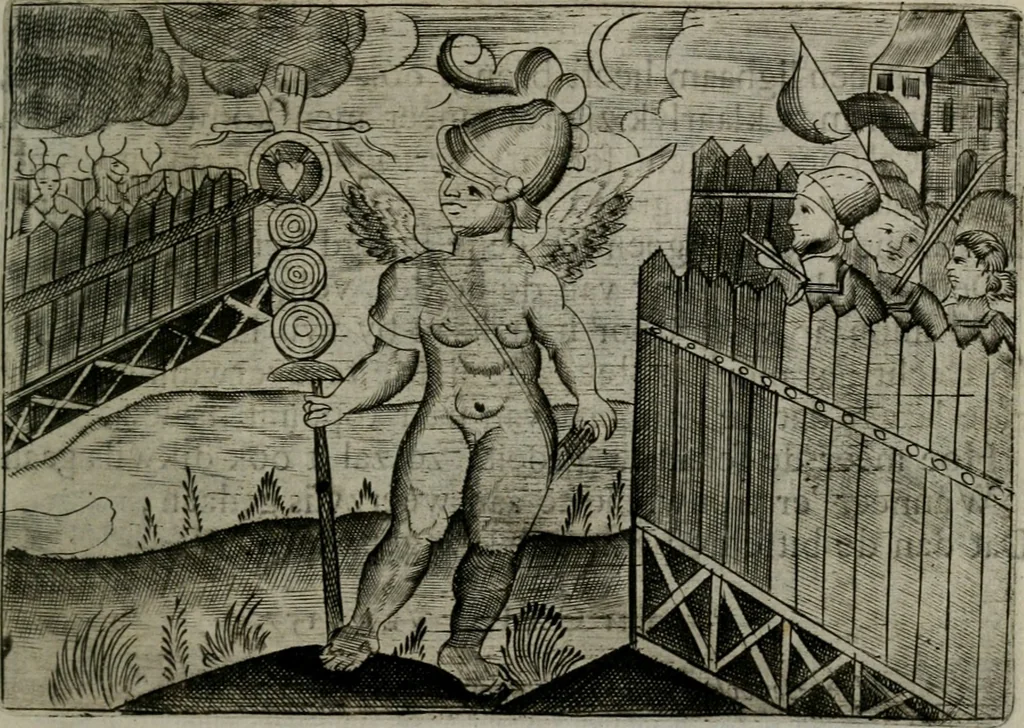 An illustration from Cupidoos mengelwerken, of, Minnespiegel der deugden : bestaande uit stightelyke zinnebeelden, 1728, leaf 158