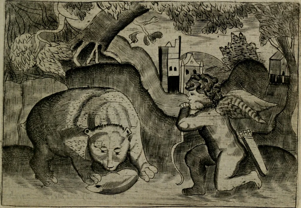An illustration from Cupidoos mengelwerken, of, Minnespiegel der deugden : bestaande uit stightelyke zinnebeelden, 1728, leaf 166