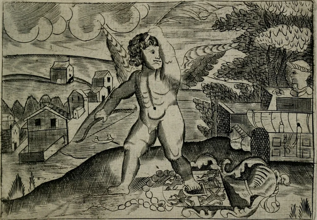 An illustration from Cupidoos mengelwerken, of, Minnespiegel der deugden : bestaande uit stightelyke zinnebeelden, 1728, leaf 174