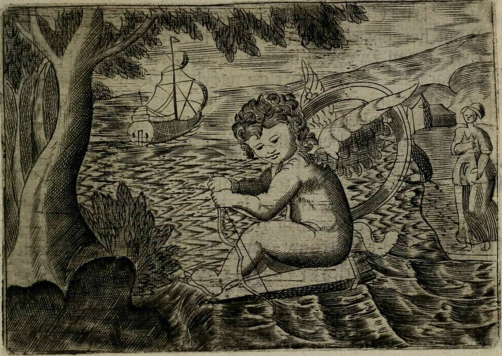 An illustration from Cupidoos mengelwerken, of, Minnespiegel der deugden : bestaande uit stightelyke zinnebeelden, 1728, leaf 202