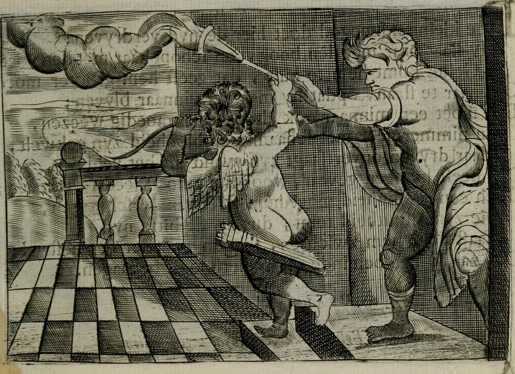 An illustration from Cupidoos mengelwerken, of, Minnespiegel der deugden : bestaande uit stightelyke zinnebeelden, 1728, leaf 214