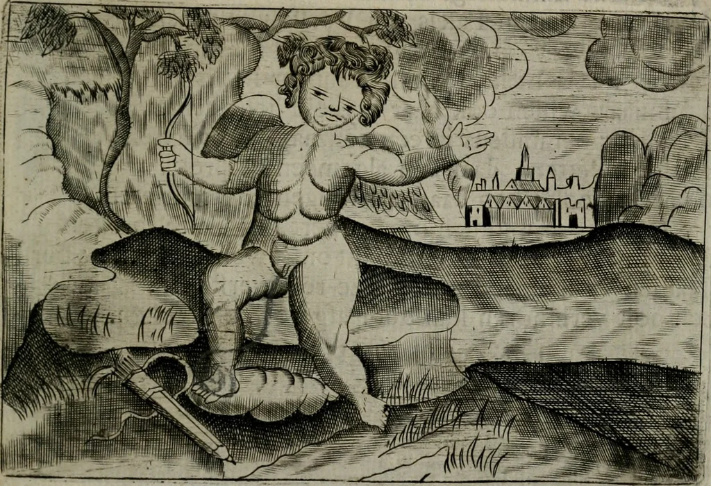 An illustration from Cupidoos mengelwerken, of, Minnespiegel der deugden : bestaande uit stightelyke zinnebeelden, 1728, leaf 220
