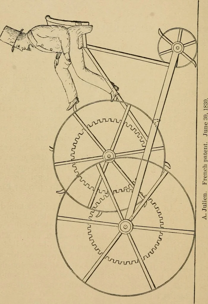 An illustration from Cycling art, energy and locomotion: a series of remarks on the development of bicycles, tricycles, and man-motor carriages, 1889, leaf 216