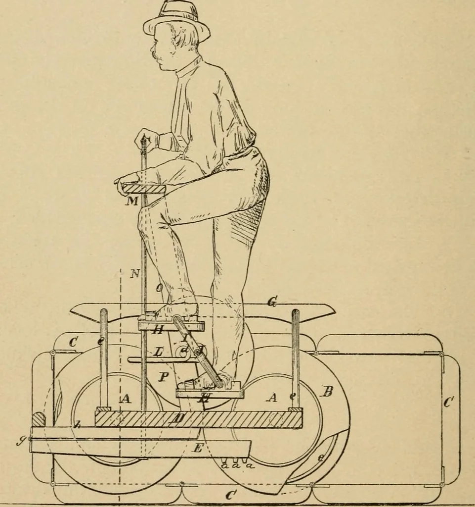 An illustration from Cycling art, energy and locomotion: a series of remarks on the development of bicycles, tricycles, and man-motor carriages, 1889, leaf 228
