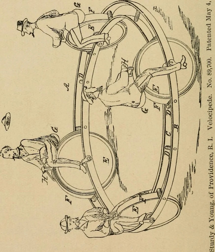 An illustration from Cycling art, energy and locomotion: a series of remarks on the development of bicycles, tricycles, and man-motor carriages, 1889, leaf 240