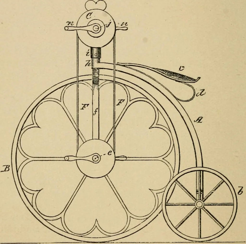 An illustration from Cycling art, energy and locomotion: a series of remarks on the development of bicycles, tricycles, and man-motor carriages, 1889, leaf 266