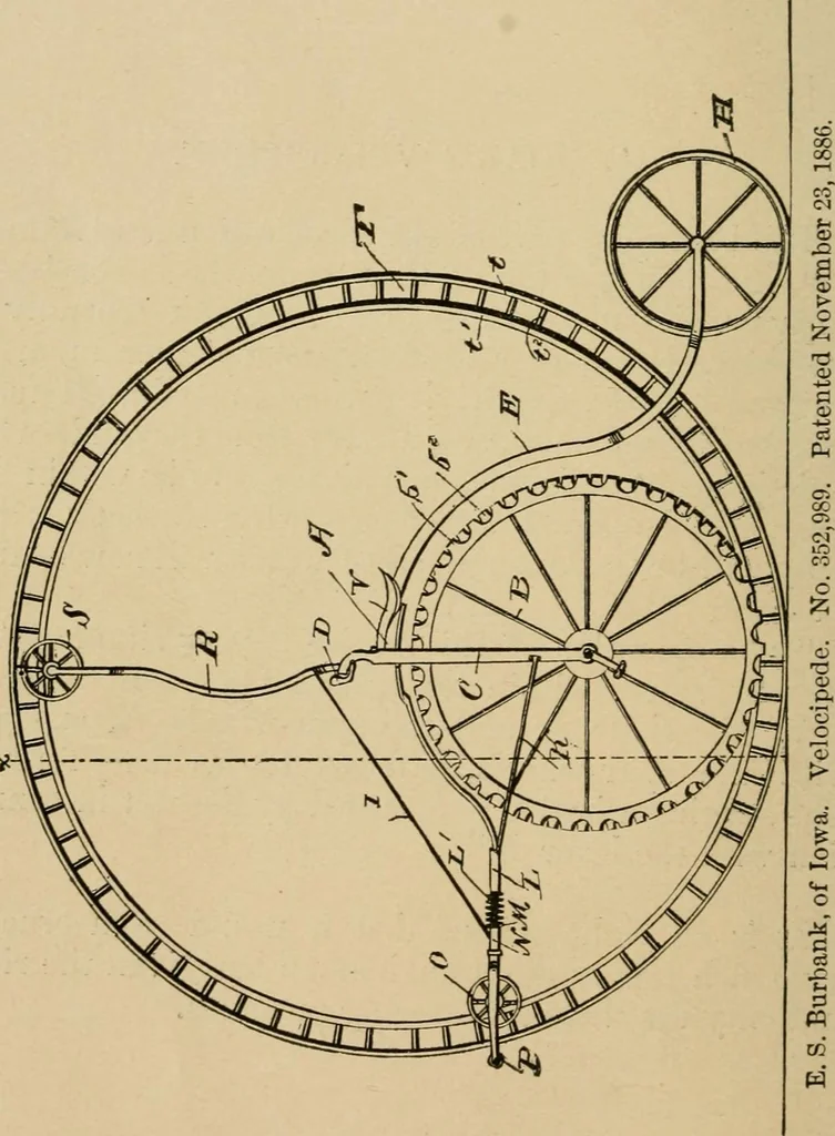 An illustration from Cycling art, energy and locomotion: a series of remarks on the development of bicycles, tricycles, and man-motor carriages, 1889, leaf 296
