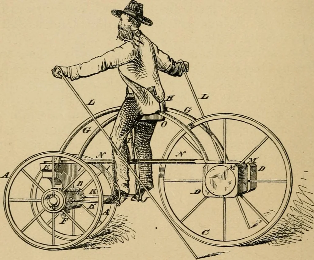 An illustration from Cycling art, energy and locomotion: a series of remarks on the development of bicycles, tricycles, and man-motor carriages, 1889, leaf 40