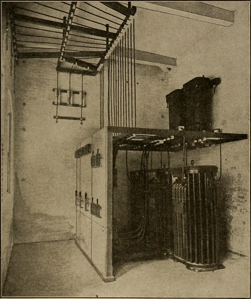 An illustration from Cyclopedia of applied electricity : a general reference work on direct-current generators and motors, storage batteries, electrochemistry, welding, electric wiring, meters, electric lighting, electric railways, power stations, switchboards, power transmission, alternating-current machinery, telegraphy, etc., 1916, leaf 295