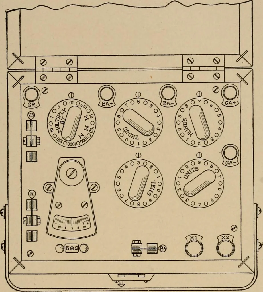 An illustration from Cyclopedia of applied electricity : a general reference work on direct-current generators and motors, storage batteries, electrochemistry, welding, electric wiring, meters, electric lighting, electric railways, power stations, switchboards, power transmission, alternating-current machinery, telegraphy, etc., 1916, leaf 381