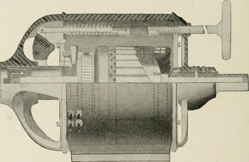 An illustration from Cyclopedia of applied electricity : a general reference work on direct-current generators and motors, storage batteries, electrochemistry, welding, electric wiring, meters, electric lighting, electric railways, power stations, switchboards, power transmission, alternating-current machinery, telegraphy, etc., 1916, leaf 366