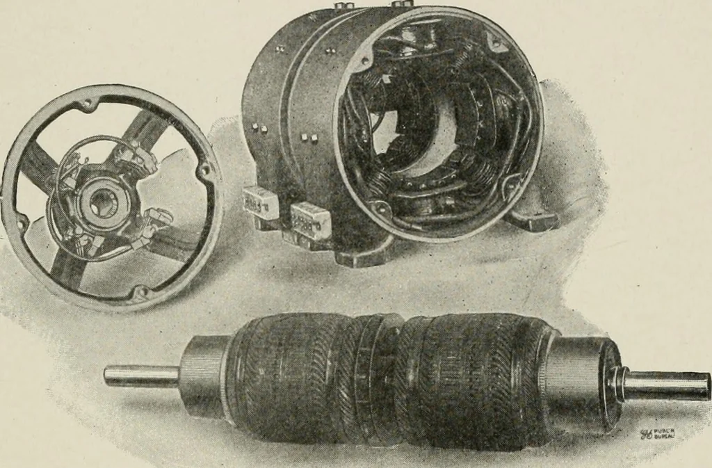 An illustration from Cyclopedia of applied electricity : a general reference work on direct-current generators and motors, storage batteries, electrochemistry, welding, electric wiring, meters, electric lighting, electric railways, power stations, switchboards, power transmission, alternating-current machinery, telegraphy, etc., 1916, leaf 375