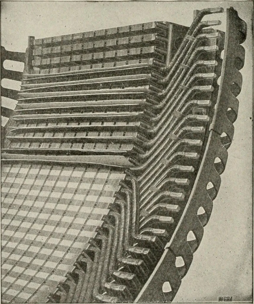 An illustration from Cyclopedia of applied electricity : a general reference work on direct-current generators and motors, storage batteries, electrochemistry, welding, electric wiring, meters, electric lighting, electric railways, power stations, switchboards, power transmission, alternating-current machinery, telegraphy, etc., 1916, leaf 398