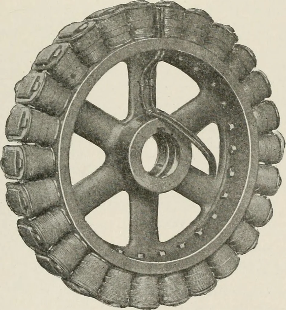 An illustration from Cyclopedia of applied electricity : a general reference work on direct-current generators and motors, storage batteries, electrochemistry, welding, electric wiring, meters, electric lighting, electric railways, power stations, switchboards, power transmission, alternating-current machinery, telegraphy, etc., 1916, leaf 399