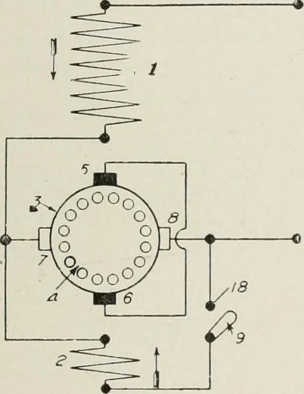 An illustration from Cyclopedia of applied electricity : a general reference work on direct-current generators and motors, storage batteries, electrochemistry, welding, electric wiring, meters, electric lighting, electric railways, power stations, switchboards, power transmission, alternating-current machinery, telegraphy, etc., 1916, leaf 445