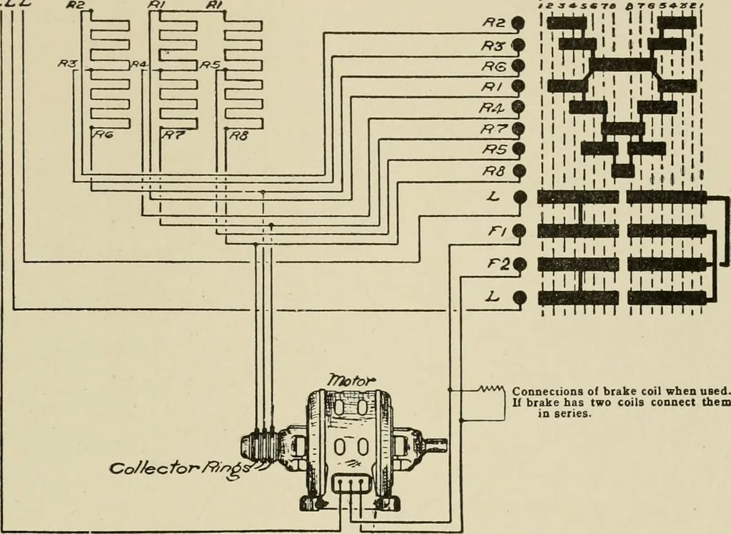 An illustration from Cyclopedia of applied electricity : a general reference work on direct-current generators and motors, storage batteries, electrochemistry, welding, electric wiring, meters, electric lighting, electric railways, power stations, switchboards, power transmission, alternating-current machinery, telegraphy, etc., 1916, leaf 202