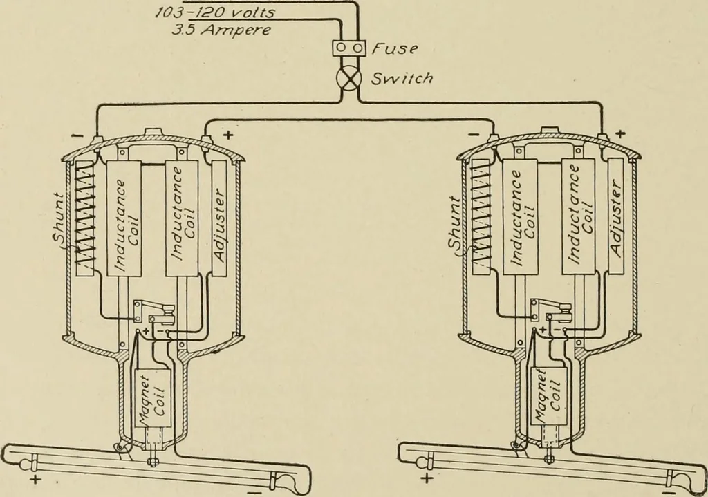 An illustration from Cyclopedia of applied electricity : a general reference work on direct-current generators and motors, storage batteries, electrochemistry, welding, electric wiring, meters, electric lighting, electric railways, power stations, switchboards, power transmission, alternating-current machinery, telegraphy, etc., 1916, leaf 323