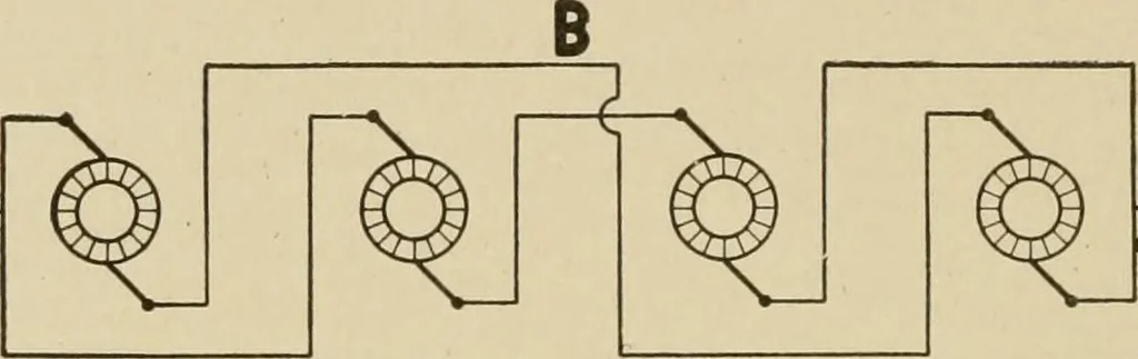 An illustration from Cyclopedia of applied electricity : a general reference work on direct-current generators and motors, storage batteries, electrochemistry, welding, electric wiring, meters, electric lighting, electric railways, power stations, switchboards, power transmission, alternating-current machinery, telegraphy, etc., 1916, leaf 39
