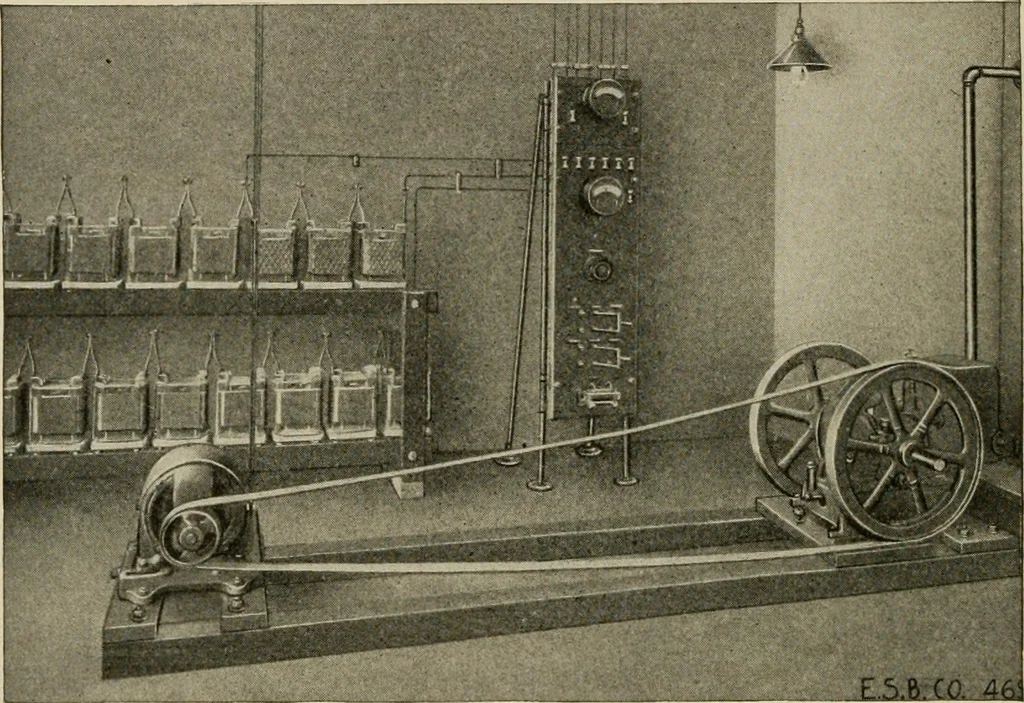 An illustration from Cyclopedia of applied electricity : a general reference work on direct-current generators and motors, storage batteries, electrochemistry, welding, electric wiring, meters, electric lighting, electric railways, power stations, switchboards, power transmission, alternating-current machinery, telegraphy, etc., 1916, leaf 445