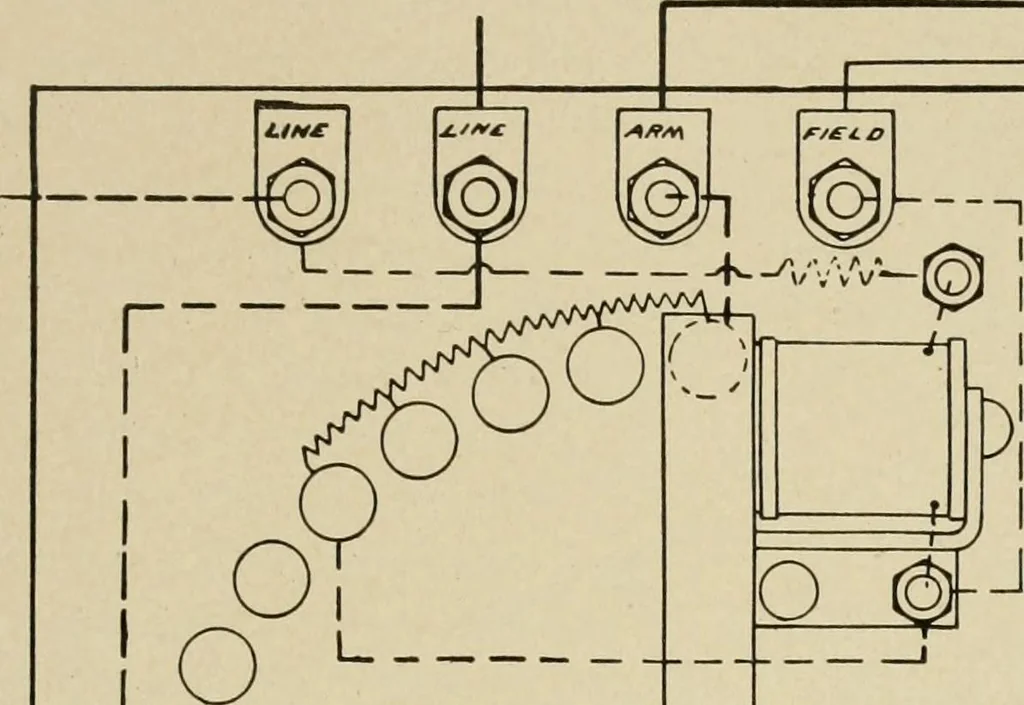 An illustration from Cyclopedia of applied electricity : a general reference work on direct-current generators and motors, storage batteries, electrochemistry, welding, electric wiring, meters, electric lighting, electric railways, power stations, switchboards, power transmission, alternating-current machinery, telegraphy, etc., 1916, leaf 50