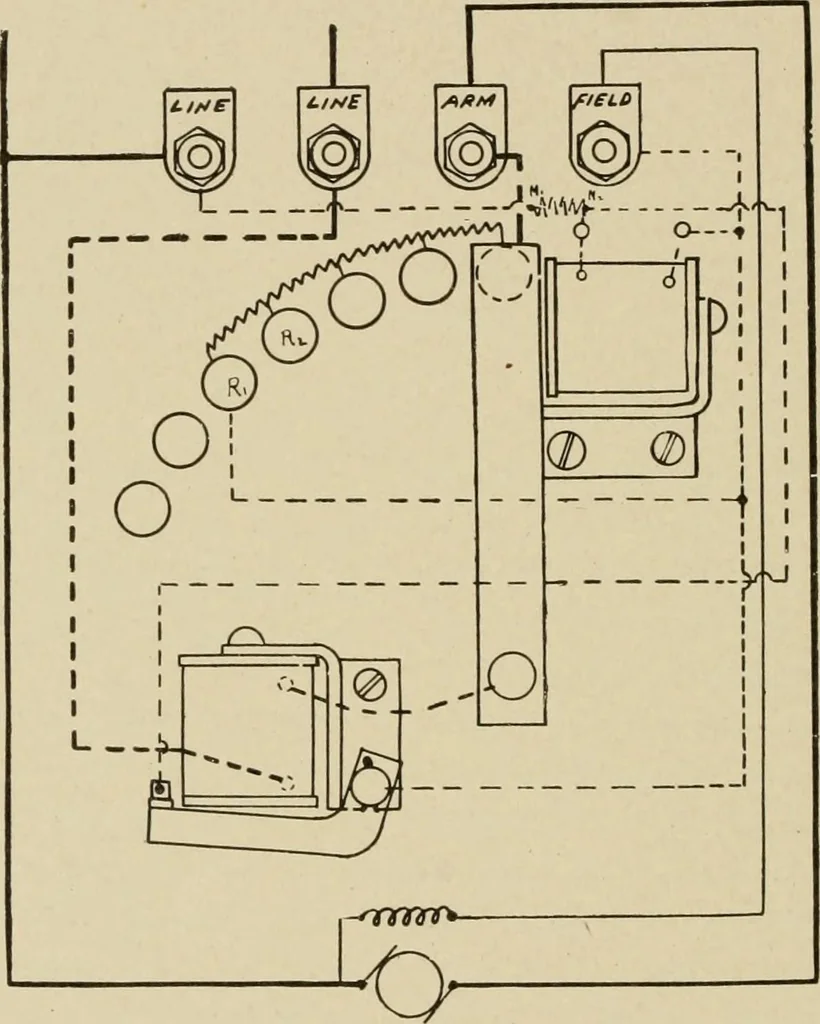 An illustration from Cyclopedia of applied electricity : a general reference work on direct-current generators and motors, storage batteries, electrochemistry, welding, electric wiring, meters, electric lighting, electric railways, power stations, switchboards, power transmission, alternating-current machinery, telegraphy, etc., 1916, leaf 53