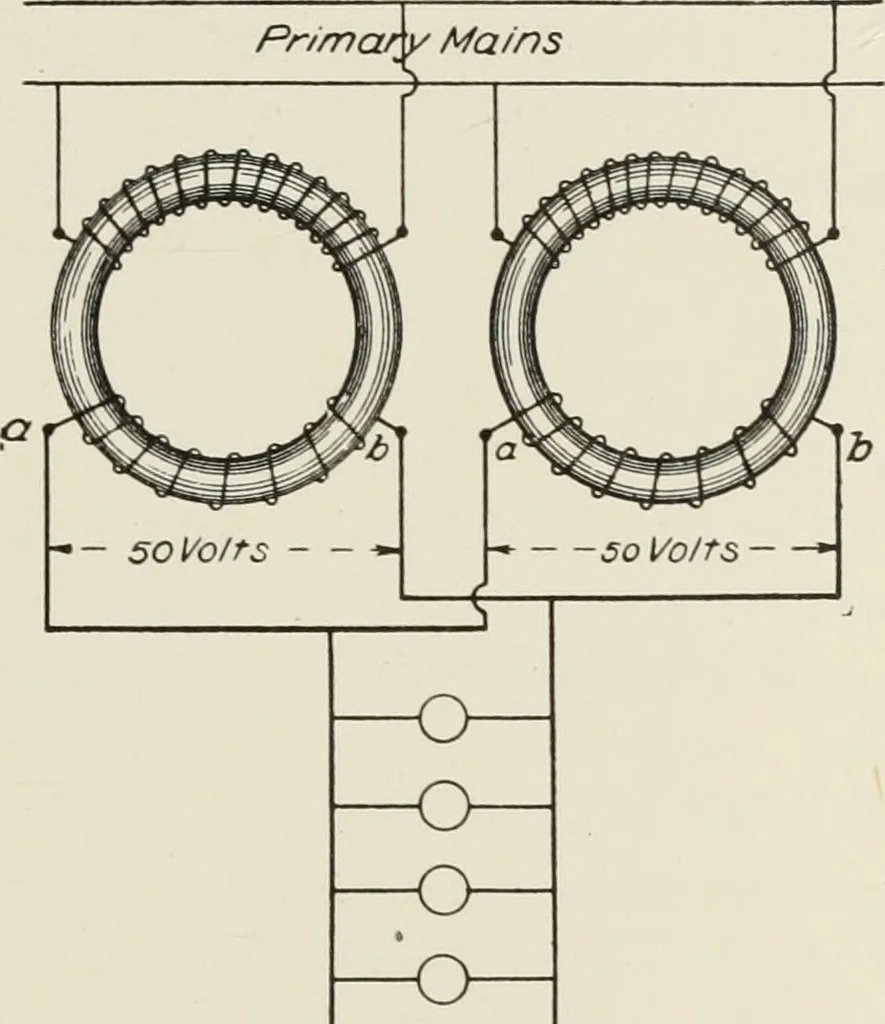 An illustration from Cyclopedia of applied electricity : a general reference work on direct-current generators and motors, storage batteries, electrochemistry, welding, electric wiring, meters, electric lighting, electric railways, power stations, switchboards, power transmission, alternating-current machinery, telegraphy, etc., 1916, leaf 294
