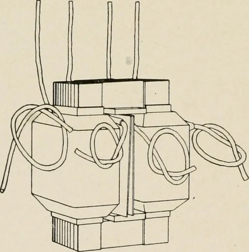 An illustration from Cyclopedia of applied electricity : a general reference work on direct-current generators and motors, storage batteries, electrochemistry, welding, electric wiring, meters, electric lighting, electric railways, power stations, switchboards, power transmission, alternating-current machinery, telegraphy, etc., 1916, leaf 321
