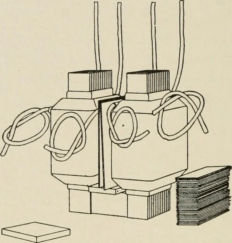 An illustration from Cyclopedia of applied electricity : a general reference work on direct-current generators and motors, storage batteries, electrochemistry, welding, electric wiring, meters, electric lighting, electric railways, power stations, switchboards, power transmission, alternating-current machinery, telegraphy, etc., 1916, leaf 323