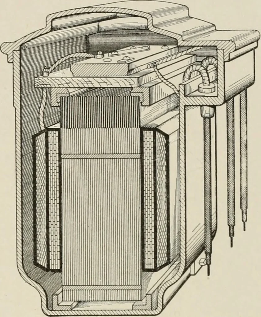 An illustration from Cyclopedia of applied electricity : a general reference work on direct-current generators and motors, storage batteries, electrochemistry, welding, electric wiring, meters, electric lighting, electric railways, power stations, switchboards, power transmission, alternating-current machinery, telegraphy, etc., 1916, leaf 324