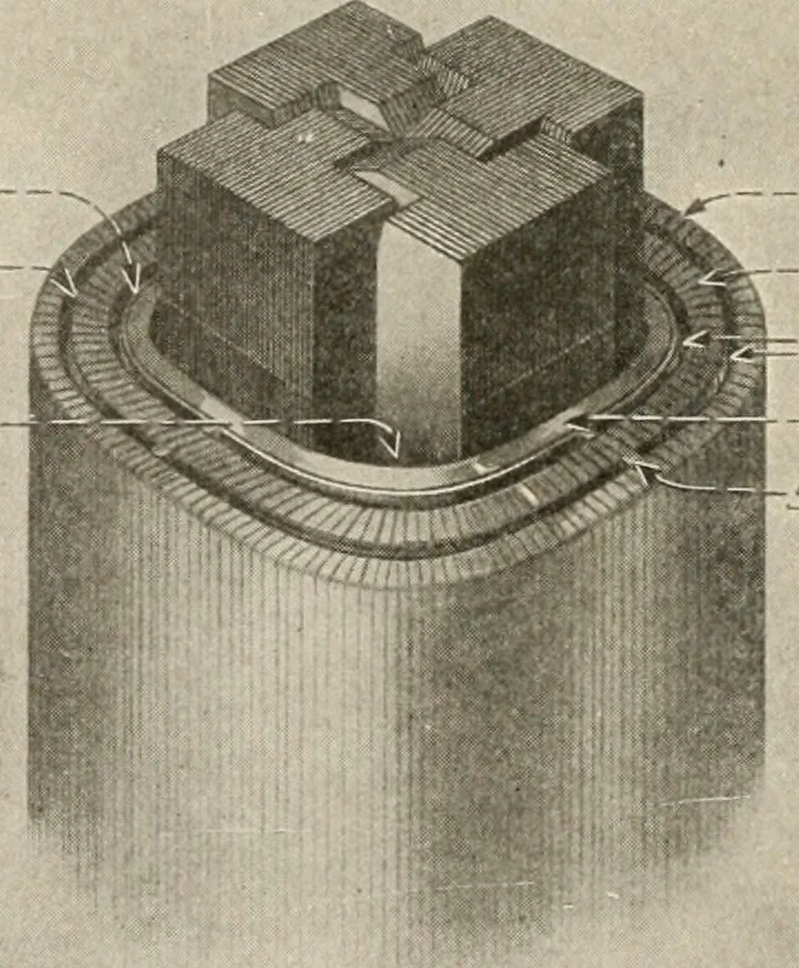 An illustration from Cyclopedia of applied electricity : a general reference work on direct-current generators and motors, storage batteries, electrochemistry, welding, electric wiring, meters, electric lighting, electric railways, power stations, switchboards, power transmission, alternating-current machinery, telegraphy, etc., 1916, leaf 331
