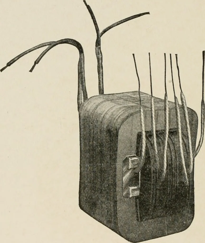 An illustration from Cyclopedia of applied electricity : a general reference work on direct-current generators and motors, storage batteries, electrochemistry, welding, electric wiring, meters, electric lighting, electric railways, power stations, switchboards, power transmission, alternating-current machinery, telegraphy, etc., 1916, leaf 339
