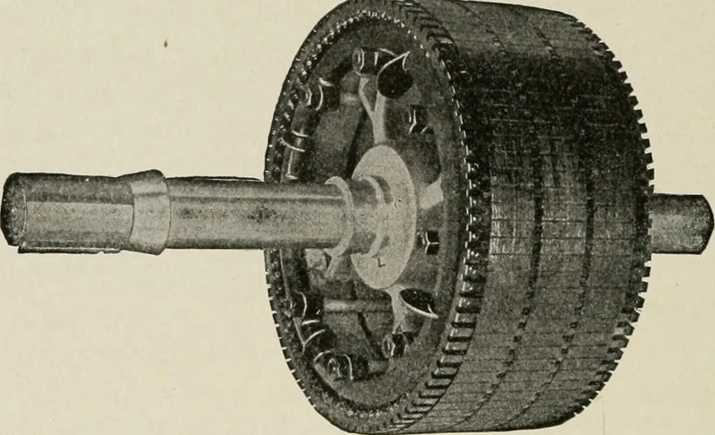 An illustration from Cyclopedia of applied electricity : a general reference work on direct-current generators and motors, storage batteries, electrochemistry, welding, electric wiring, meters, electric lighting, electric railways, power stations, switchboards, power transmission, alternating-current machinery, telegraphy, etc., 1916, leaf 445