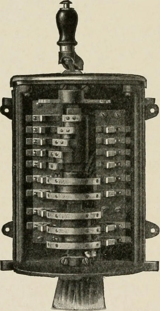 An illustration from Cyclopedia of applied electricity : a general reference work on direct-current generators and motors, storage batteries, electrochemistry, welding, electric wiring, meters, electric lighting, electric railways, power stations, switchboards, power transmission, alternating-current machinery, telegraphy, etc., 1916, leaf 447