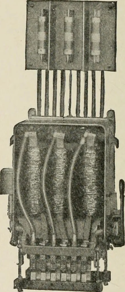 An illustration from Cyclopedia of applied electricity : a general reference work on direct-current generators and motors, storage batteries, electrochemistry, welding, electric wiring, meters, electric lighting, electric railways, power stations, switchboards, power transmission, alternating-current machinery, telegraphy, etc., 1916, leaf 449