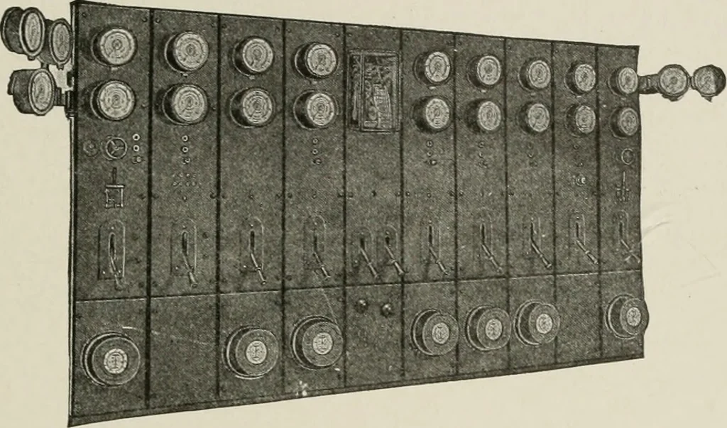 An illustration from Cyclopedia of applied electricity : a general reference work on direct-current generators and motors, storage batteries, electrochemistry, welding, electric wiring, meters, electric lighting, electric railways, power stations, switchboards, power transmission, alternating-current machinery, telegraphy, etc., 1916, leaf 498
