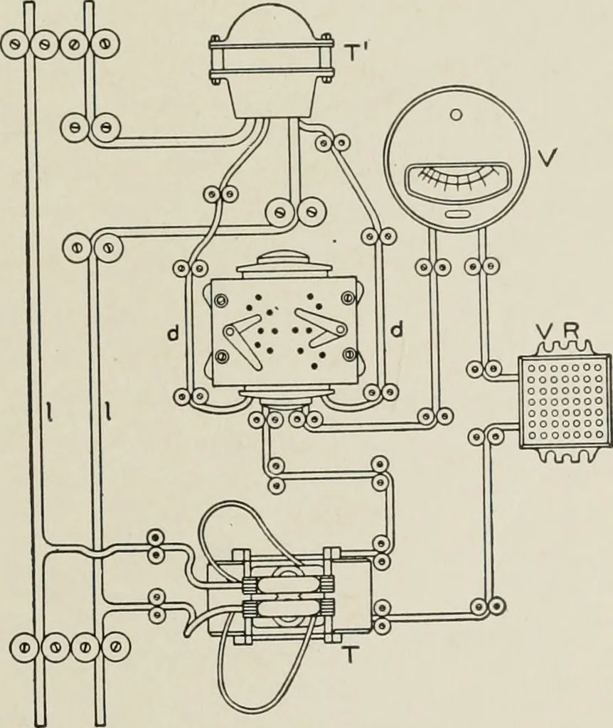 An illustration from Cyclopedia of applied electricity : a general reference work on direct-current generators and motors, storage batteries, electrochemistry, welding, electric wiring, meters, electric lighting, electric railways, power stations, switchboards, power transmission, alternating-current machinery, telegraphy, etc., 1916, leaf 518