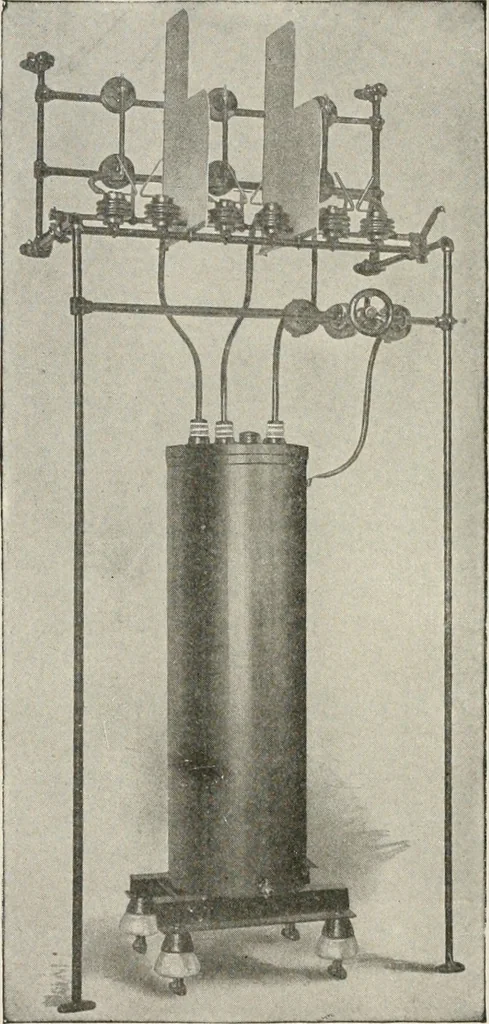 An illustration from Cyclopedia of applied electricity : a general reference work on direct-current generators and motors, storage batteries, electrochemistry, welding, electric wiring, meters, electric lighting, electric railways, power stations, switchboards, power transmission, alternating-current machinery, telegraphy, etc., 1916, leaf 525