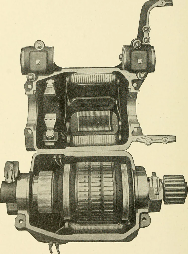 An illustration from Cyclopedia of applied electricity : a general reference work on direct-current generators and motors, storage batteries, electrochemistry, welding, electric wiring, meters, electric lighting, electric railways, power stations, switchboards, power transmission, alternating-current machinery, telegraphy, etc., 1916, leaf 157