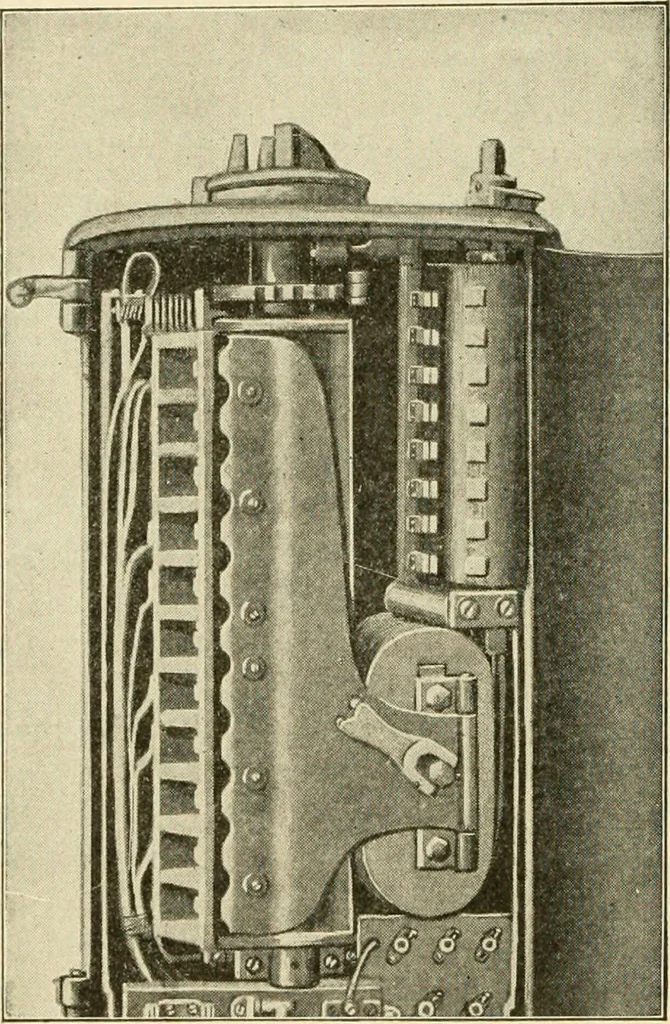 An illustration from Cyclopedia of applied electricity : a general reference work on direct-current generators and motors, storage batteries, electrochemistry, welding, electric wiring, meters, electric lighting, electric railways, power stations, switchboards, power transmission, alternating-current machinery, telegraphy, etc., 1916, leaf 197