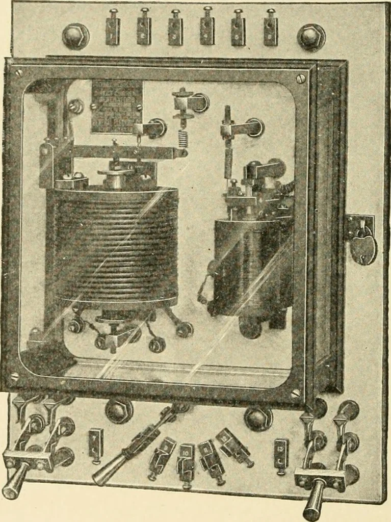 An illustration from Cyclopedia of applied electricity : a general reference work on direct-current generators and motors, storage batteries, electrochemistry, welding, electric wiring, meters, electric lighting, electric railways, power stations, switchboards, power transmission, alternating-current machinery, telegraphy, etc., 1916, leaf 45